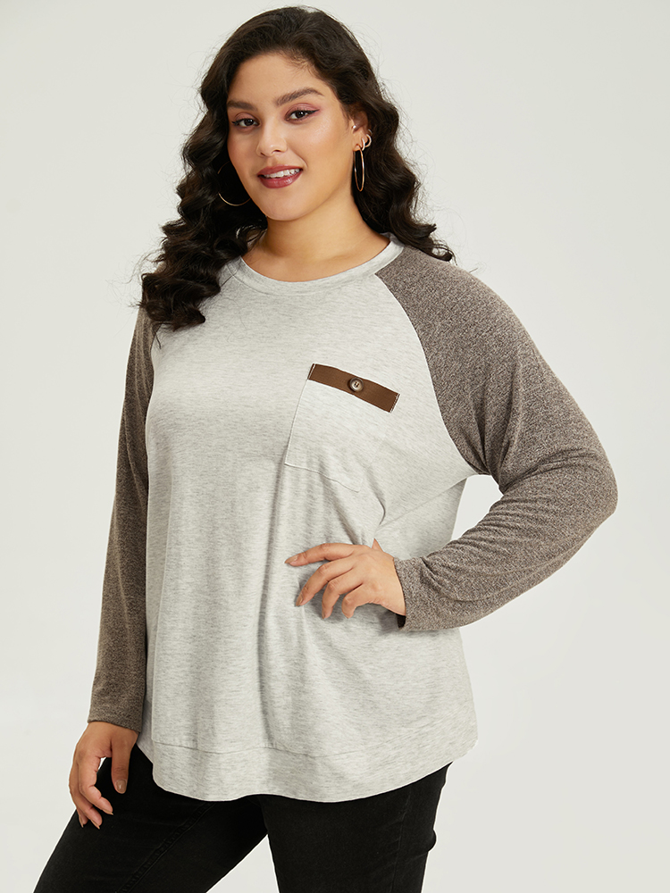 Plus Size Women Dailywear Plain Contrast Raglan sleeve Long Sleeve Round Neck Casual T-shirts BloomChic 