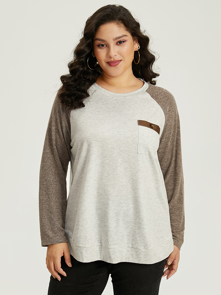 Plus Size Women Dailywear Plain Contrast Raglan sleeve Long Sleeve Round Neck Casual T-shirts BloomChic 