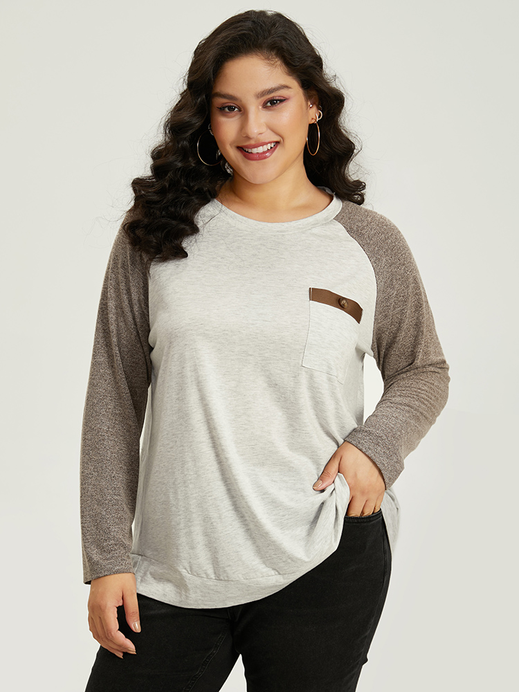 Plus Size Women Dailywear Plain Contrast Raglan sleeve Long Sleeve Round Neck Casual T-shirts BloomChic 