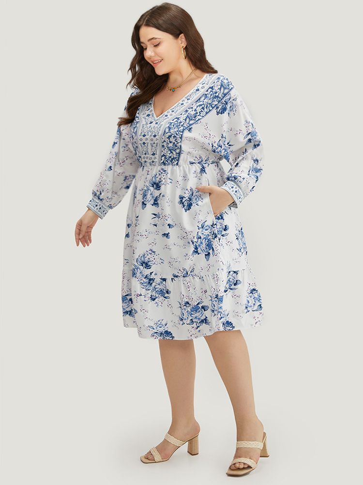 

Plus Size Floral Print Lantern Sleeve Pocket Ruffle Dress Stone Women Vacation Printed V-neck Long Sleeve Curvy Midi Dress BloomChic