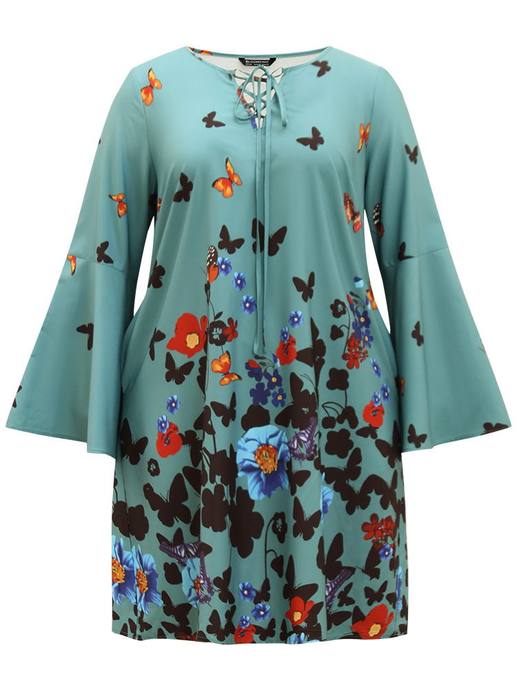 

Plus Size Butterfly & Floral Print Knot Neck Bell Sleeve Dress Turquoise Women Elegant Cross straps Tie Neck Long Sleeve Curvy Knee Dress BloomChic