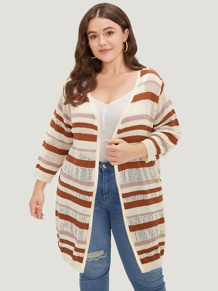 

Plus Size Striped Hollow Out Open Front Split Hem Cardigan Multicolor Women Casual Loose Elbow-length sleeve Dailywear Cardigans BloomChic