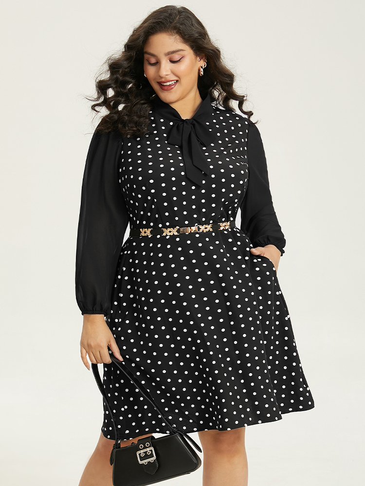 

Plus Size Polka Dot Patchwork Knot Lantern Sleeve Dress Black Women Office Elastic cuffs Tie Neck Long Sleeve Curvy Midi Dress BloomChic