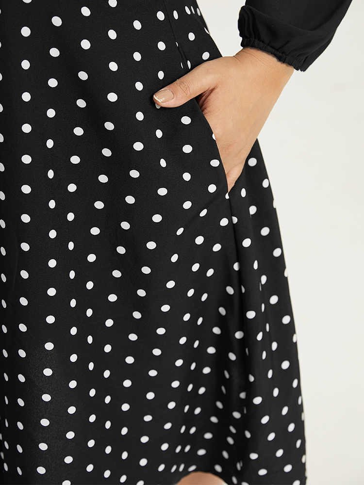 

Plus Size Polka Dot Patchwork Knot Lantern Sleeve Dress Black Women Office Elastic cuffs Tie Neck Long Sleeve Curvy Midi Dress BloomChic