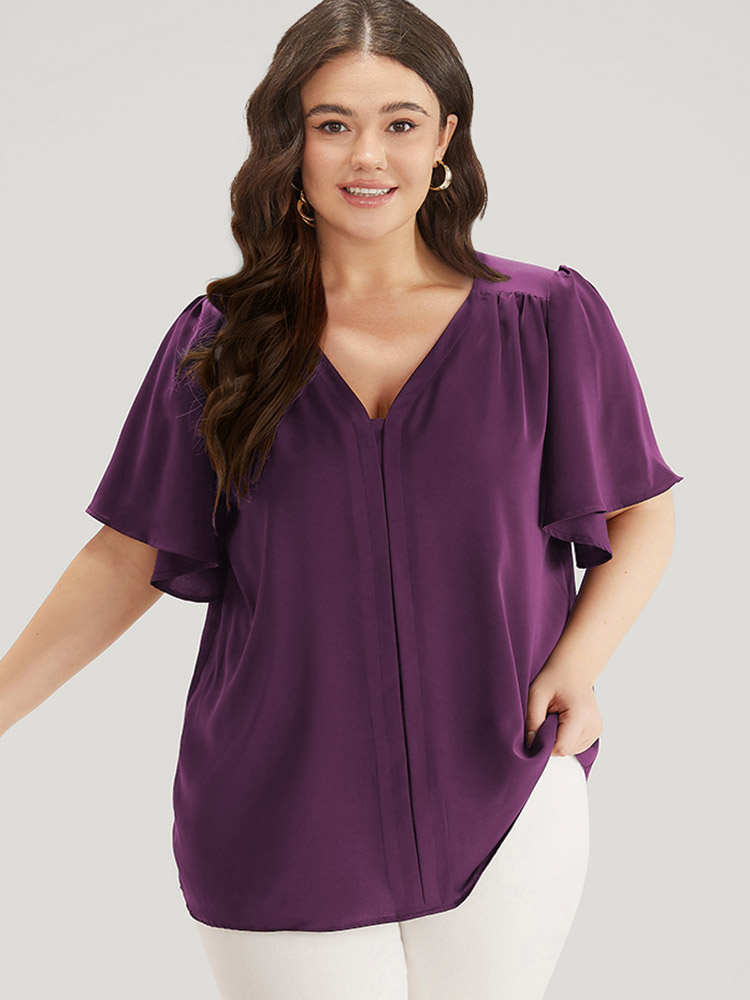 

Plus Size Purple Plain V Neck Ruffle Sleeve Pleated Blouse Women Office Short sleeve V-neck Work Blouses BloomChic