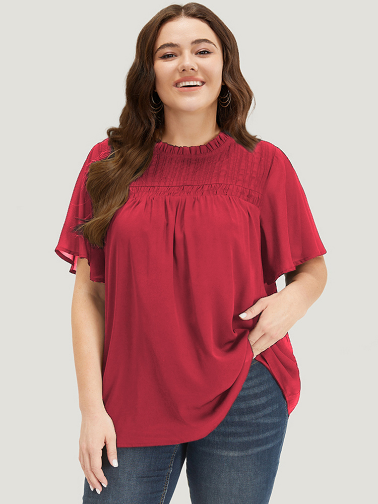 

Plus Size Crimson Anti-Wrinkle Shirred Ruffle Sleeve Mesh Frill Trim Blouse Women Office Short sleeve Stand-up collar Work Blouses BloomChic