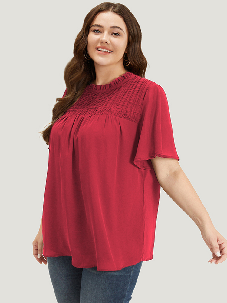Plus Size Crimson Anti-Wrinkle Shirred Ruffle Sleeve Mesh Frill Trim Blouse Women Office Short sleeve Stand-up collar Work Blouses BloomChic 26/4X 