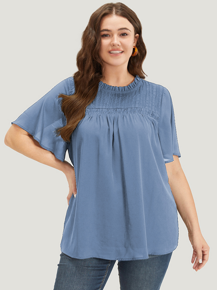 

Plus Size Stone Anti-Wrinkle Shirred Ruffle Sleeve Mesh Frill Trim Blouse Women Office Short sleeve Stand-up collar Work Blouses BloomChic