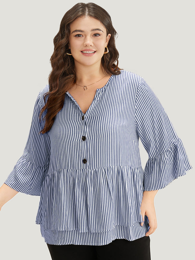 

Plus Size Navy Striped Button Up Ruffles Bell Sleeve Blouse Women Office Elbow-length sleeve V-neck Work Blouses BloomChic