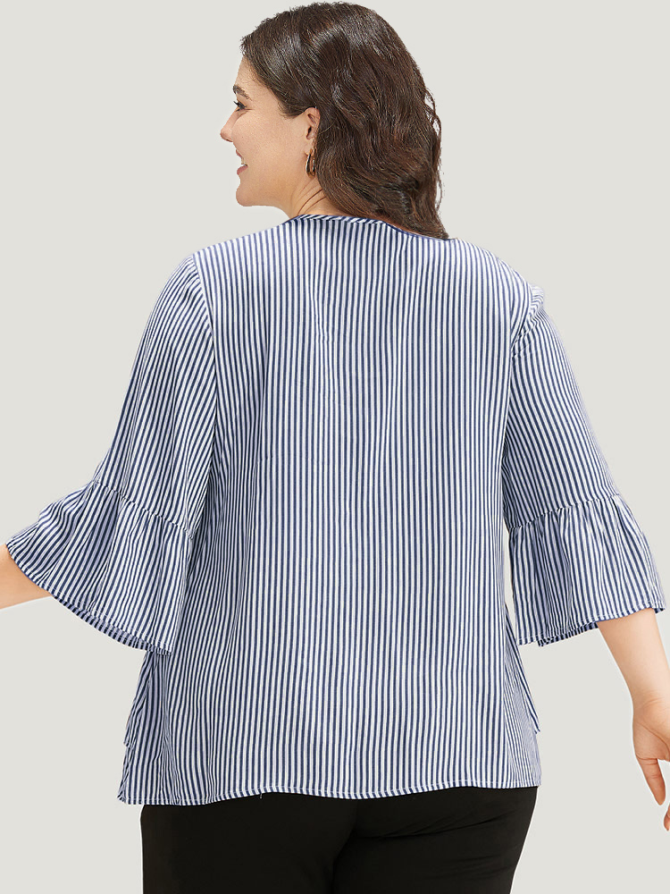 Plus Size Navy Striped Button Up Ruffles Bell Sleeve Blouse Women Office Elbow-length sleeve V-neck Work Blouses BloomChic 28/5X 