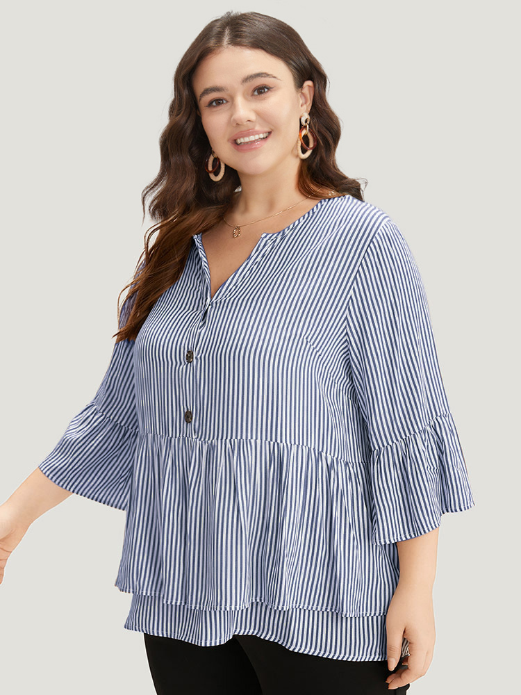 Plus Size Navy Striped Button Up Ruffles Bell Sleeve Blouse Women Office Elbow-length sleeve V-neck Work Blouses BloomChic 28/5X 