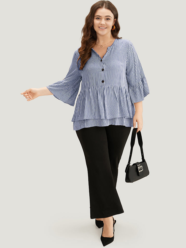 Plus Size Navy Striped Button Up Ruffles Bell Sleeve Blouse Women Office Elbow-length sleeve V-neck Work Blouses BloomChic 28/5X 