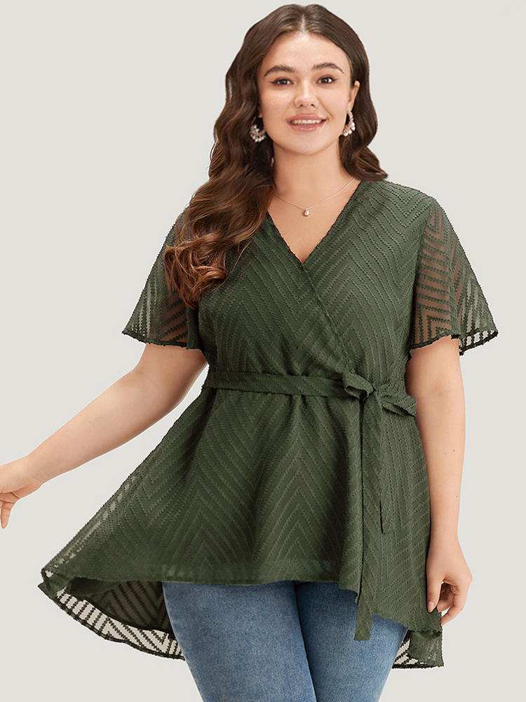 

Plus Size ArmyGreen Plain Textured Belted Wrap Mesh Flutter Sleeve Blouse Women Elegant Short sleeve V-neck Dailywear Blouses BloomChic