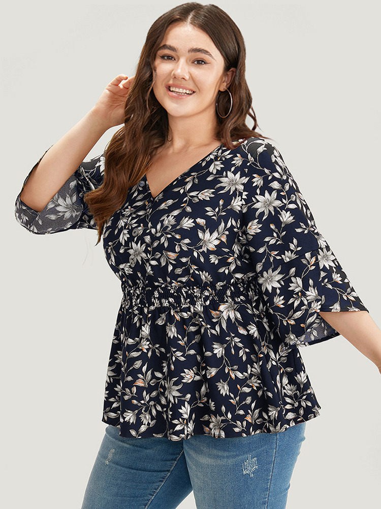 Plus Size Indigo Floral Print Shirred Button Detail V Neck Petal Sleeve Blouse Women Vacation Half Sleeve V-neck Dailywear Blouses BloomChic 18-20/2X 