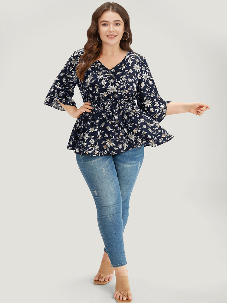 Plus Size Indigo Floral Print Shirred Button Detail V Neck Petal Sleeve Blouse Women Vacation Half Sleeve V-neck Dailywear Blouses BloomChic 18-20/2X 