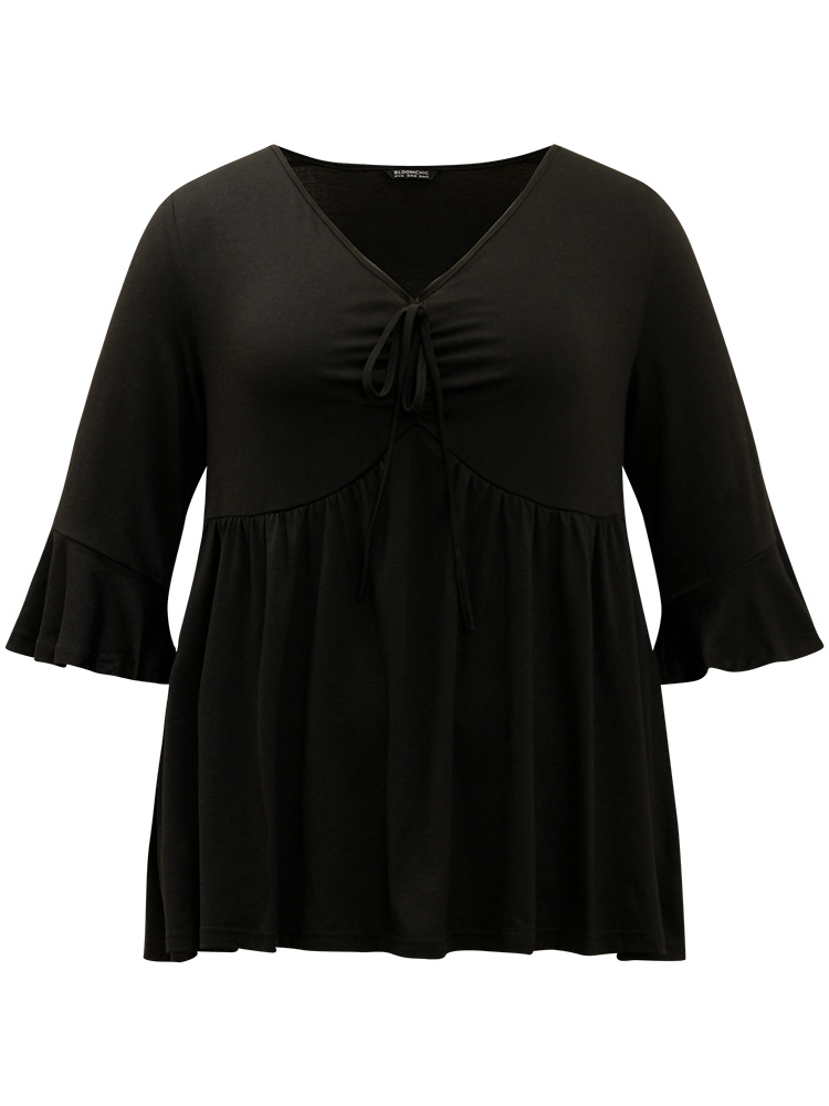 

Plus Size Solid Drawstring Gathered Flutter Sleeve T-shirt Black V-neck Elbow-length sleeve Elegant Jersey Tops