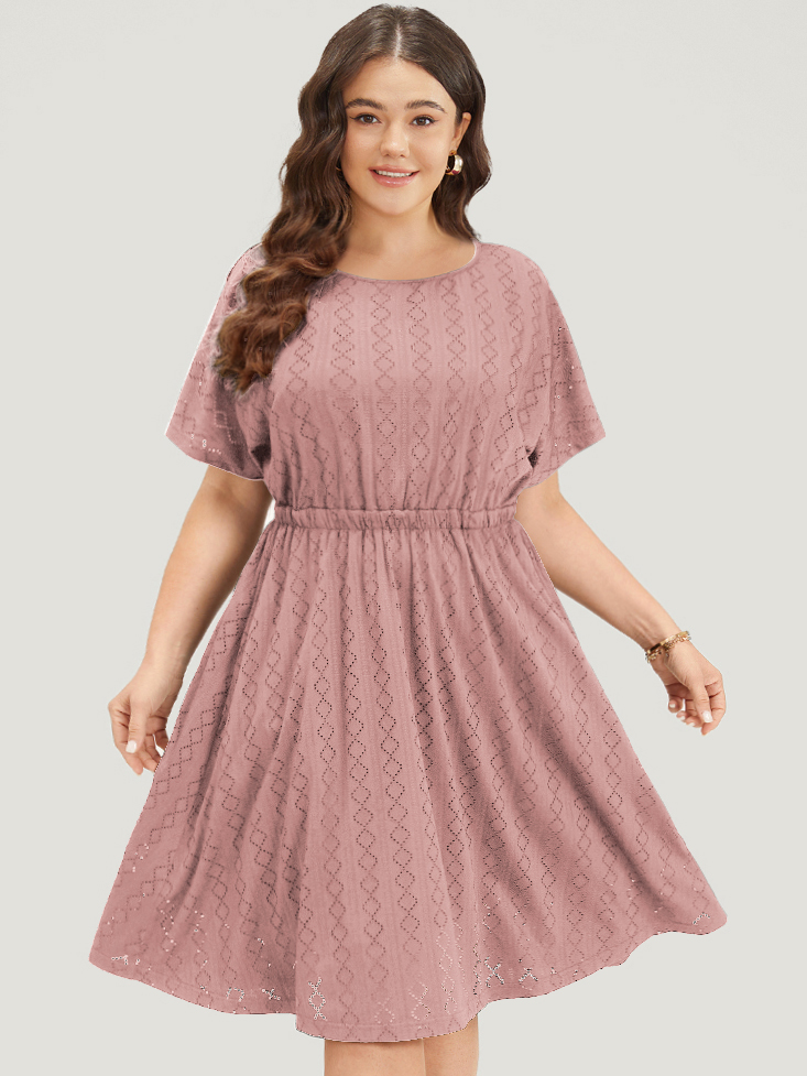 

Plus Size Plain Geo Eyelet Batwing Sleeve Elastic Waist Dress DustyPink Women Casual Texture Round Neck Short sleeve Curvy Midi Dress BloomChic