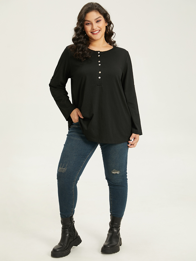 Plus Size Women Dailywear Plain Plain Regular Sleeve Long Sleeve Round Neck Casual T-shirts BloomChic 