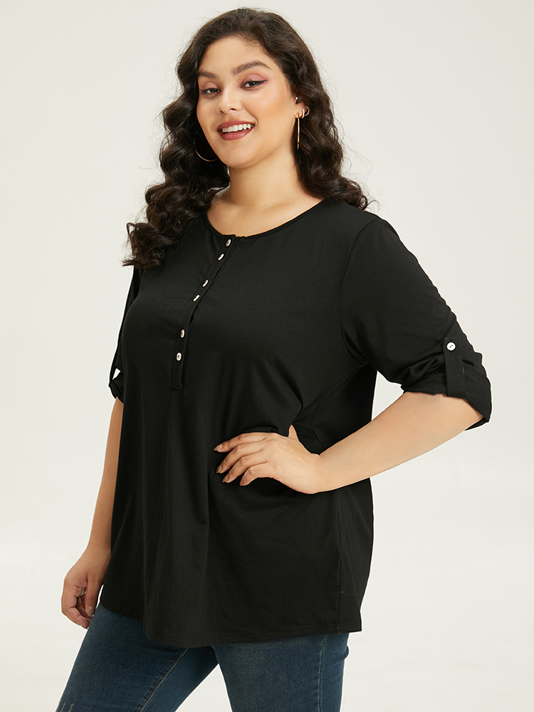 Plus Size Women Dailywear Plain Plain Regular Sleeve Long Sleeve Round Neck Casual T-shirts BloomChic 
