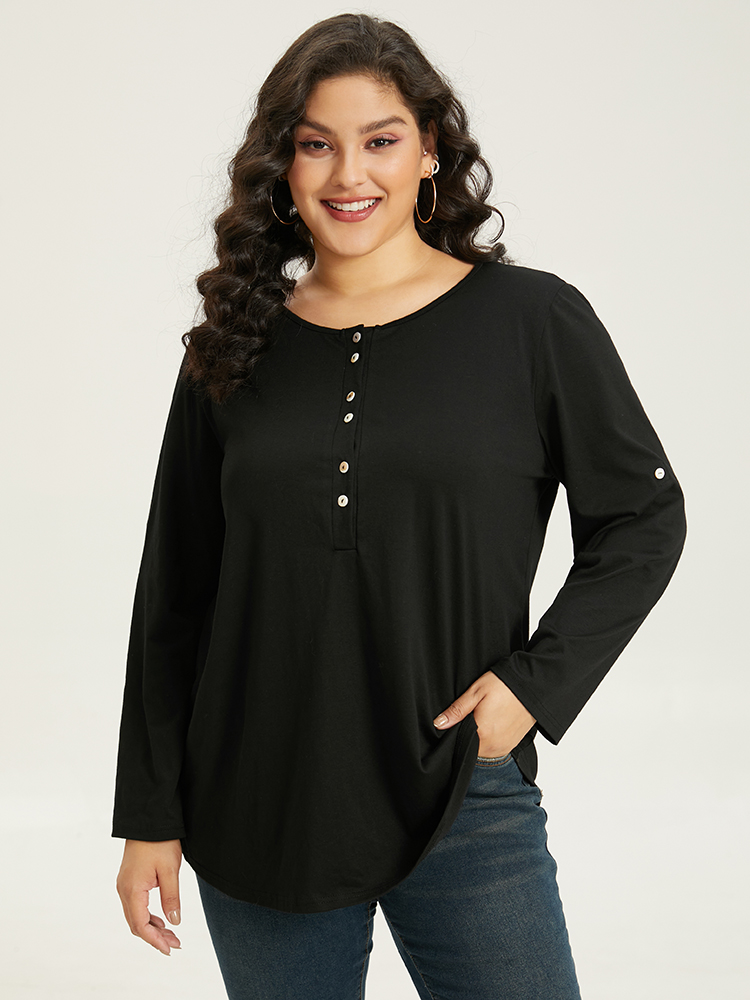 Plus Size Women Dailywear Plain Plain Regular Sleeve Long Sleeve Round Neck Casual T-shirts BloomChic 