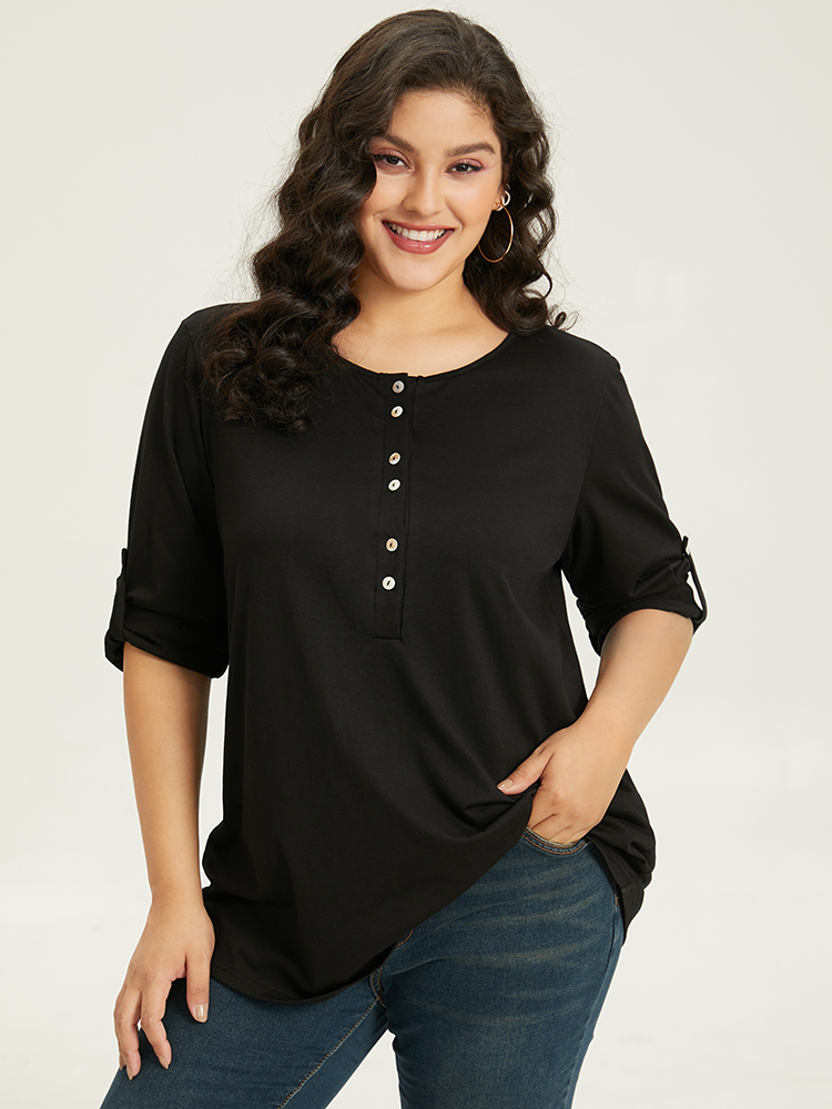 Plus Size Women Dailywear Plain Plain Regular Sleeve Long Sleeve Round Neck Casual T-shirts BloomChic 