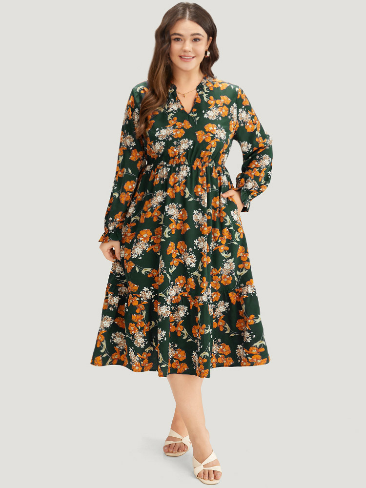 

Plus Size Floral Print Pocket Frill Trim Ruffle Dress DarkGreen Women Elegant Elastic cuffs Notched collar Long Sleeve Curvy Midi Dress BloomChic