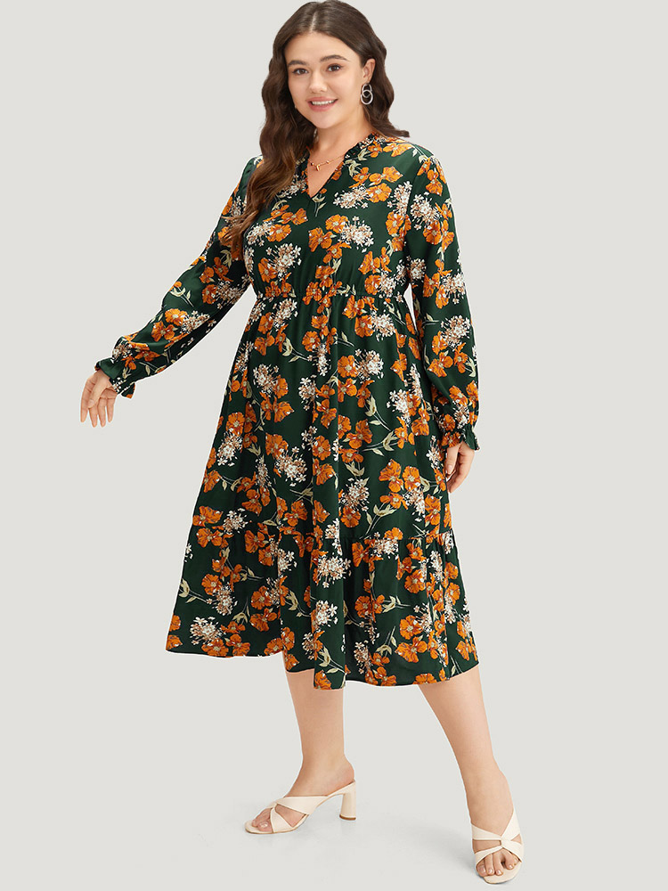 

Plus Size Floral Print Pocket Frill Trim Ruffle Dress DarkGreen Women Elegant Elastic cuffs Notched collar Long Sleeve Curvy Midi Dress BloomChic