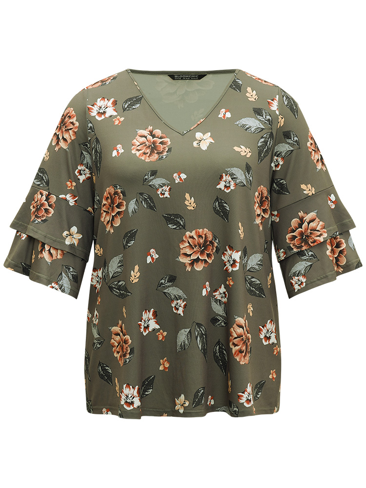 

Plus Size Floral Print V Neck Ruffle Layered Sleeve T-shirt ArmyGreen V-neck Elbow-length sleeve Elegant Jersey Tops