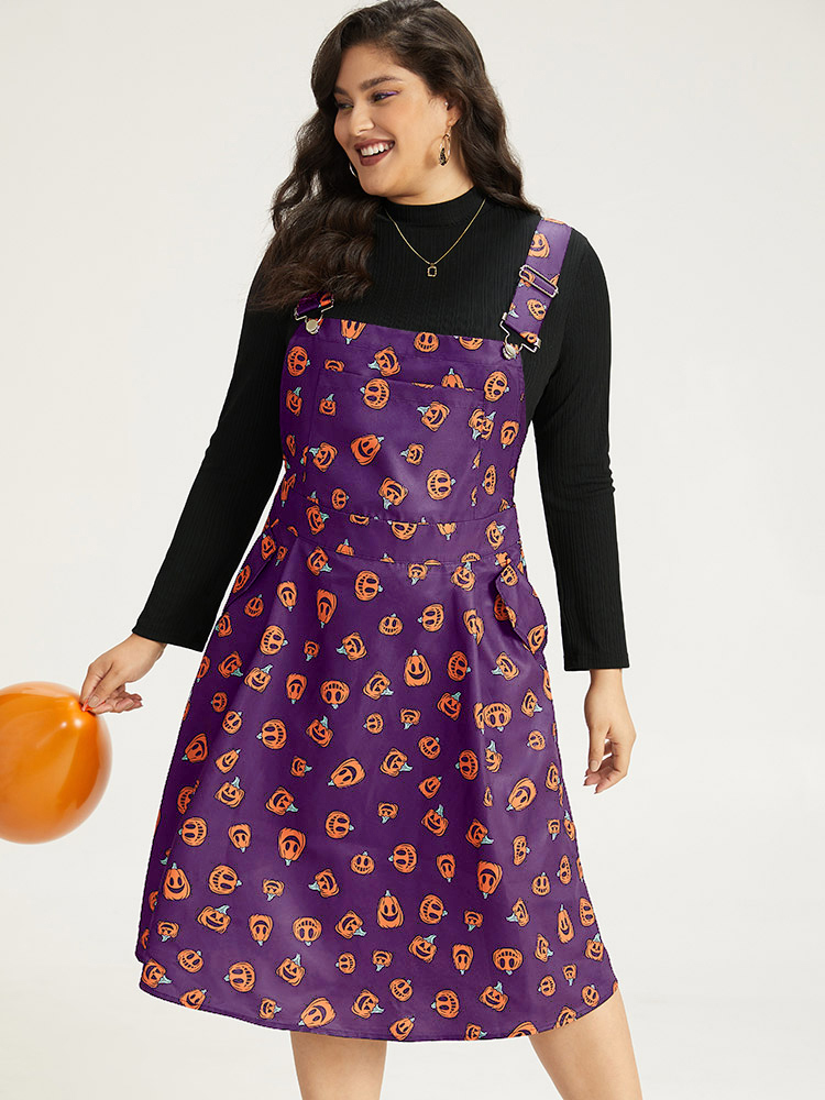 

Plus Size Halloween Pocket Pumpkin Print Overall Cami Dress Purple Women Casual Adjustable Straps Spaghetti Strap Sleeveless Curvy Midi Dress BloomChic