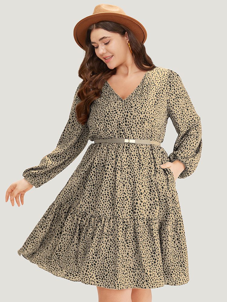 

Plus Size Leopard Lantern Sleeve V Neck Pocket Dress Tan Women Elegant Elastic cuffs V-neck Long Sleeve Curvy Midi Dress BloomChic