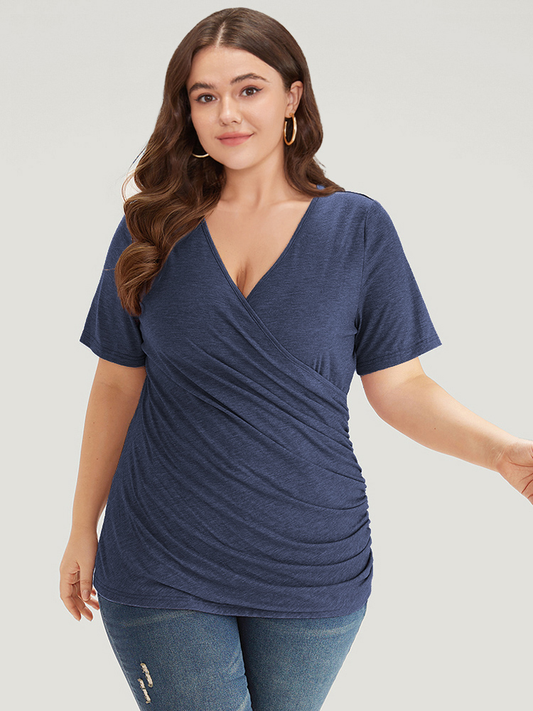 

Plus Size Solid Heather Overlap Collar Gathered T-shirt Blue Overlap Collar Short sleeve Elegant Jersey Tops