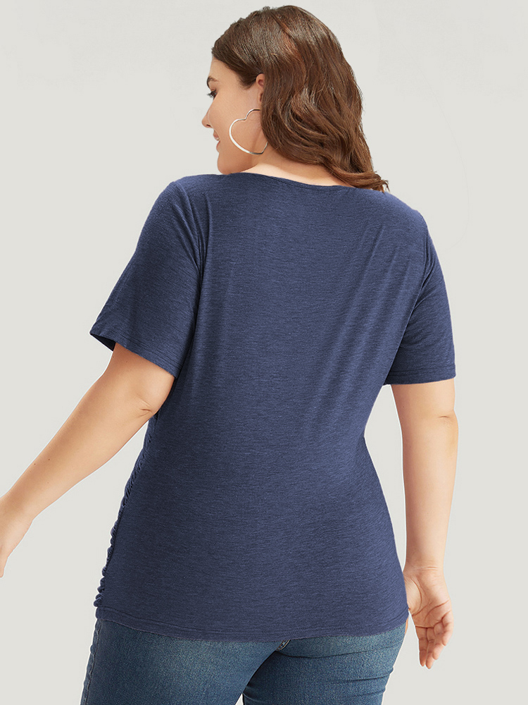 

Plus Size Solid Heather Overlap Collar Gathered T-shirt Blue Overlap Collar Short sleeve Elegant Jersey Tops