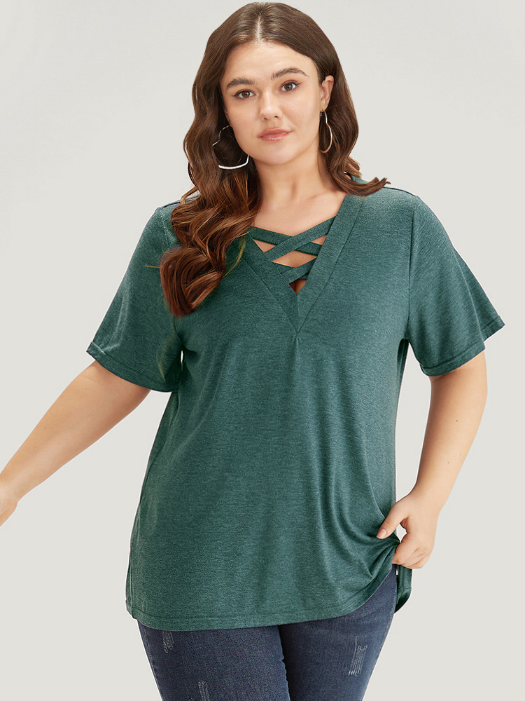 

Plus Size Plain Heather Crisscross V Neck T-shirt DarkGreen Women Casual Heather Plain V-neck Dailywear T-shirts BloomChic