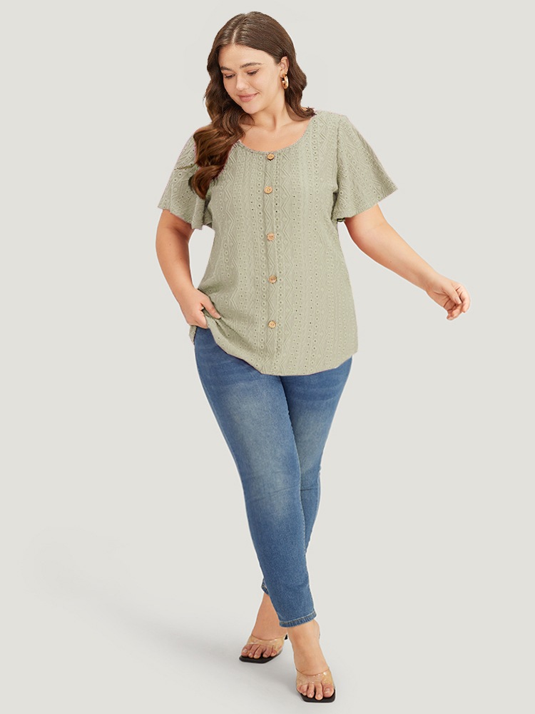 

Plus Size Embroidered Button Detail Crew Neck Flutter Sleeve T-shirt Sage Women Elegant Texture Plain Round Neck Dailywear T-shirts BloomChic