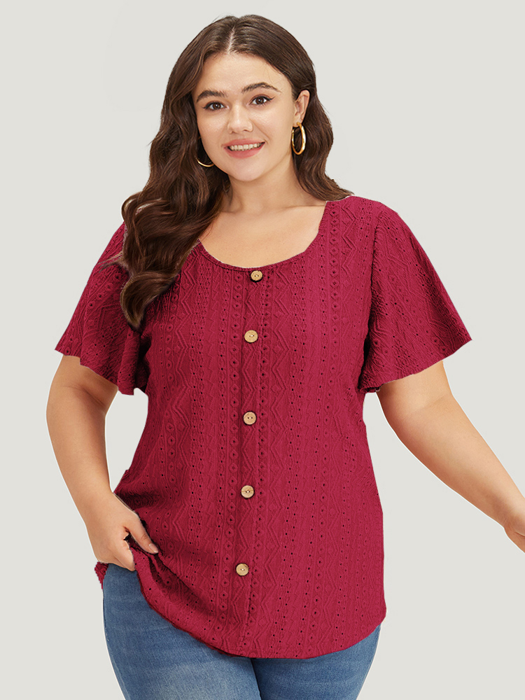 

Plus Size Embroidered Button Detail Crew Neck Flutter Sleeve T-shirt Raspberry Women Elegant Texture Plain Round Neck Dailywear T-shirts BloomChic