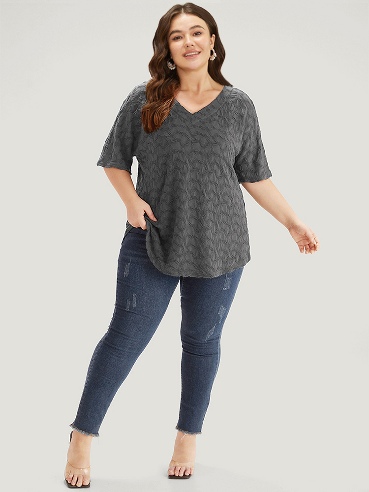 

Plus Size Plain Textured V Neck Half Sleeve T-shirt Gray Women Elegant Texture Plain V-neck Dailywear T-shirts BloomChic