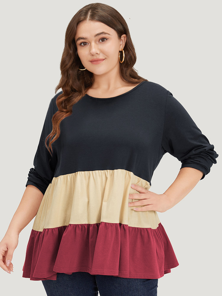 

Colorblock Contrast Ruffle Layered Hem T-shirt, Raspberry