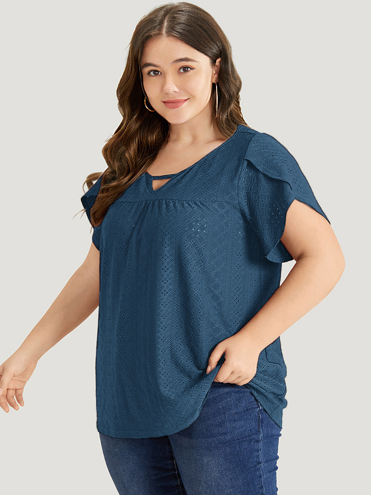 

Plus Size Plain Geometric Eyelet Keyhole Petal Sleeve T-shirt Aegean Keyhole Cut-Out Short sleeve Elegant Jersey Tops