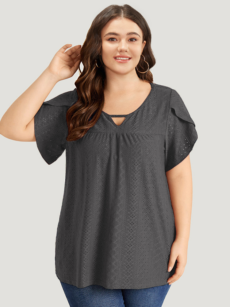 

Plus Size Plain Geometric Eyelet Keyhole Petal Sleeve T-shirt DimGray Keyhole Cut-Out Short sleeve Elegant Jersey Tops