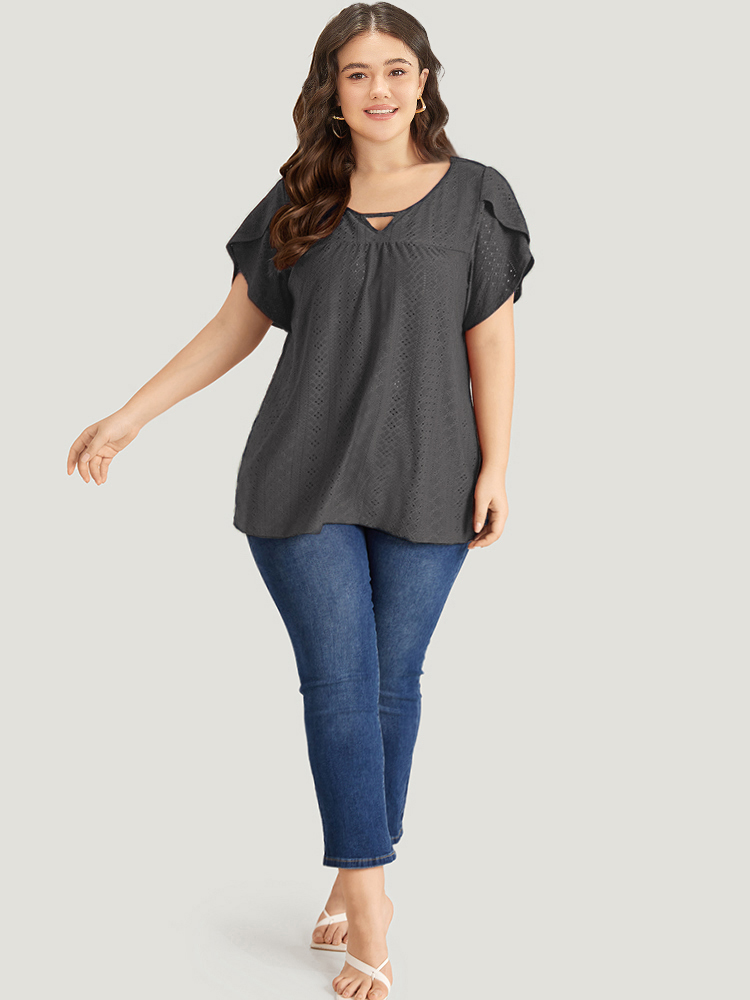 

Plus Size Plain Geometric Eyelet Keyhole Petal Sleeve T-shirt DimGray Keyhole Cut-Out Short sleeve Elegant Jersey Tops