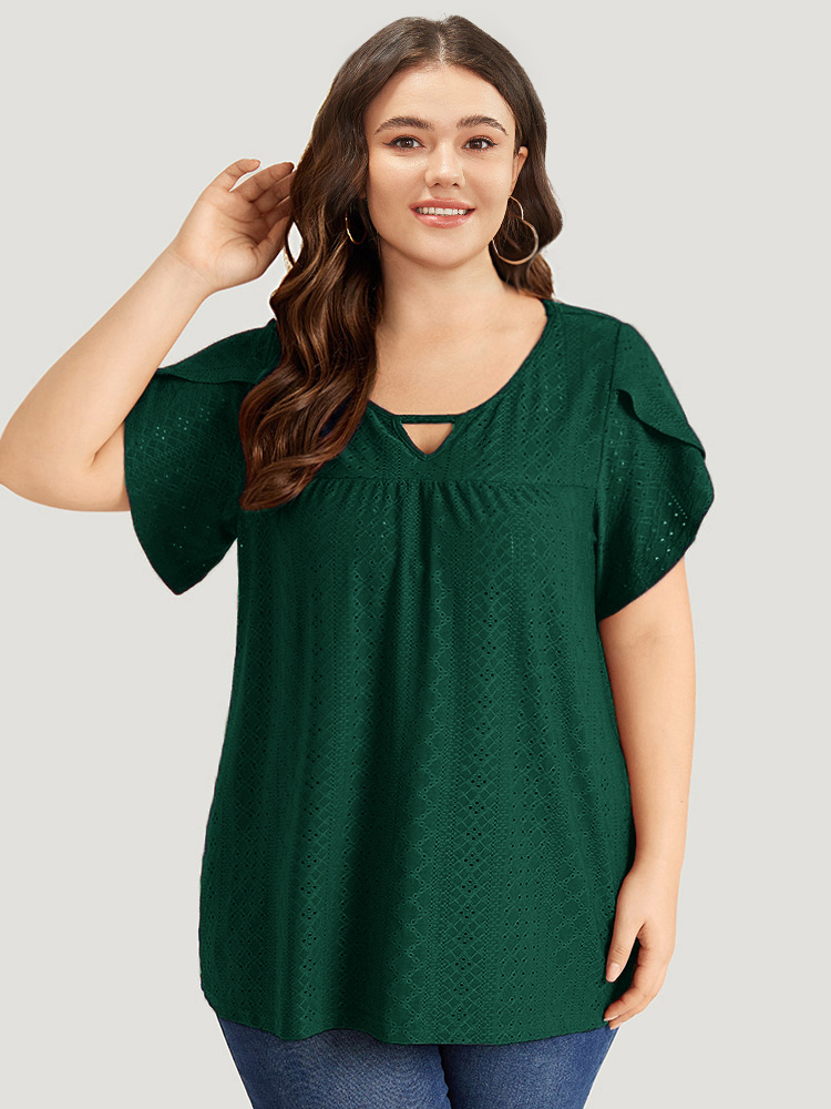 

Plus Size Plain Geometric Eyelet Keyhole Petal Sleeve T-shirt DarkGreen Keyhole Cut-Out Short sleeve Elegant Jersey Tops