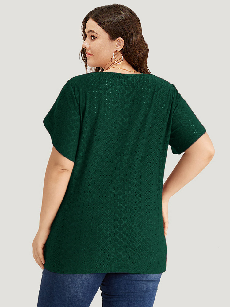 

Plus Size Plain Geometric Eyelet Keyhole Petal Sleeve T-shirt DarkGreen Keyhole Cut-Out Short sleeve Elegant Jersey Tops