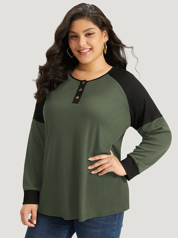 

Plus Size Waffle Knit Two Tone Raglan Sleeve T-shirt ArmyGreen Women Casual Elastic cuffs Plain Open Front Dailywear T-shirts BloomChic