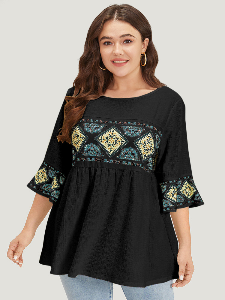 

Plus Size Bandana Print Patchwork Bell Sleeve T-shirt Black Round Neck Half Sleeve Casual Jersey Tops