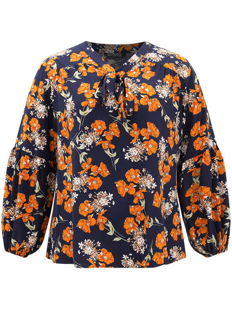 

Plus Size Indigo Floral Print Bowknot Ties Lantern Sleeve Blouse Women Elegant Long Sleeve V-neck Dailywear Blouses BloomChic