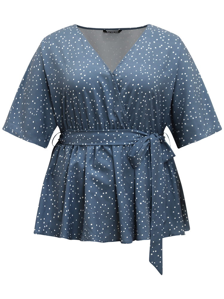 Plus Size Stone Polka Dot Flutter Sleeve Wrap Belted Blouse Women Office Short sleeve V-neck Work Blouses BloomChic 18-20/2X 