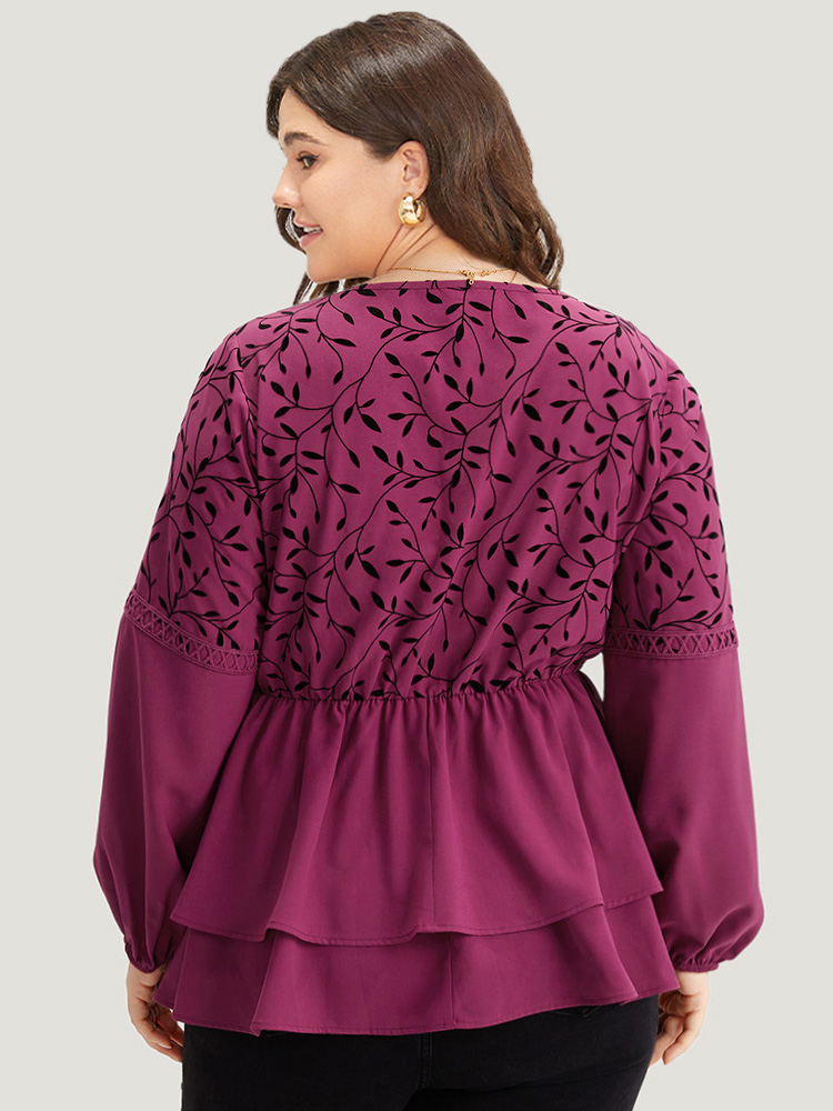 

Plus Size RedViolet Silhouette Floral Print Lace Patchwork Layered Hem Blouse Women Elegant Long Sleeve V-neck Dailywear Blouses BloomChic