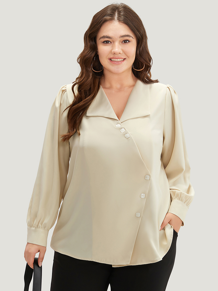 

Plus Size Apricot Lapel Collar Asymmetrical Button Up Blouse Women Office Long Sleeve Lapel Collar Work Blouses BloomChic