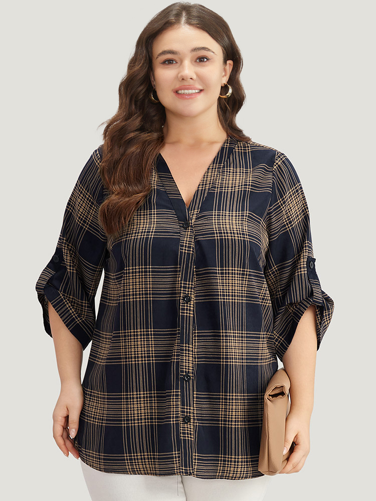 Plus Size Women Work Plaid Button Regular Sleeve Half Sleeve V-neck Office Blouses BloomChic 