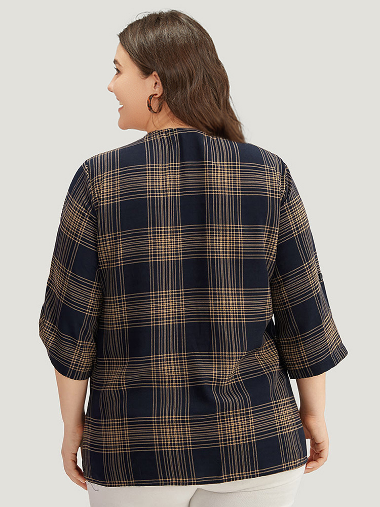 Plus Size Women Work Plaid Button Regular Sleeve Half Sleeve V-neck Office Blouses BloomChic 